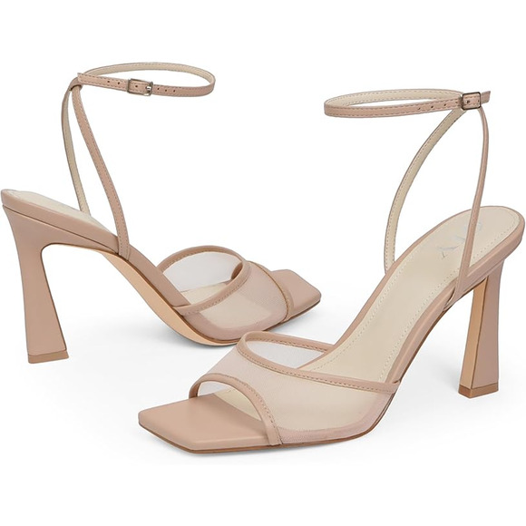 Nude Mesh Ankle Strap Stiletto Strappy High Heels Square Toe Y2K Revival Size 7 - Picture 1 of 7